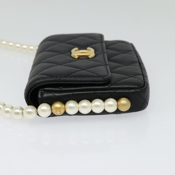 CHANEL Matelasse Pearl Shoulder Bag Lamb Skin Black Gold CC Auth - Picture 5 of 16